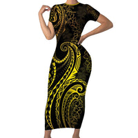Polynesia Plumeria Lei Family Matching Short Sleeve Bodycon Dress and Hawaiian Shirt Black Gold Curves Motif