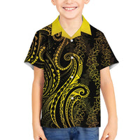 Polynesia Plumeria Lei Family Matching Short Sleeve Bodycon Dress and Hawaiian Shirt Black Gold Curves Motif