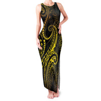 Polynesia Plumeria Lei Family Matching Tank Maxi Dress and Hawaiian Shirt Black Gold Curves Motif