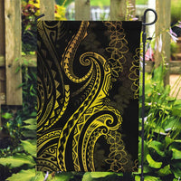 Polynesia Plumeria Lei Garden Flag Black Gold Curves Motif