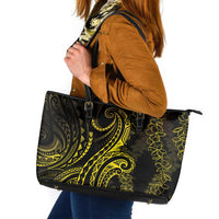 Polynesia Plumeria Lei Leather Tote Bag Black Gold Curves Motif