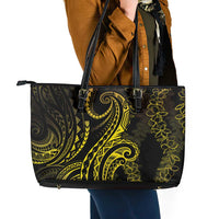 Polynesia Plumeria Lei Leather Tote Bag Black Gold Curves Motif