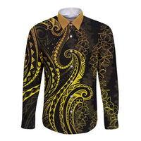Polynesia Plumeria Lei Long Sleeve Button Shirt Black Gold Curves Motif LT7 Unisex Gold - Polynesian Pride