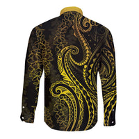 Polynesia Plumeria Lei Long Sleeve Button Shirt Black Gold Curves Motif LT7 - Polynesian Pride