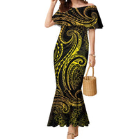 Polynesia Plumeria Lei Mermaid Dress Black Gold Curves Motif