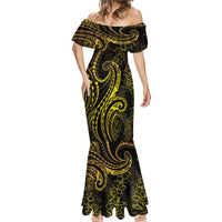 Polynesia Plumeria Lei Mermaid Dress Black Gold Curves Motif