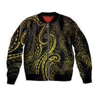 Polynesia Plumeria Lei Sleeve Zip Bomber Jacket Black Gold Curves Motif