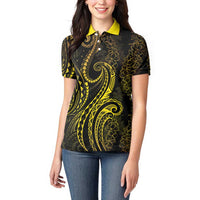 Polynesia Plumeria Lei Women Polo Shirt Black Gold Curves Motif