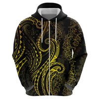Polynesia Plumeria Lei Zip Hoodie Black Gold Curves Motif