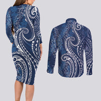 Polynesia Plumeria Lei Couples Matching Long Sleeve Bodycon Dress and Long Sleeve Button Shirt Navy Blue Curves Motif