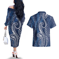 Polynesia Plumeria Lei Couples Matching Off The Shoulder Long Sleeve Dress and Hawaiian Shirt Navy Blue Curves Motif