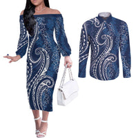 Polynesia Plumeria Lei Couples Matching Off The Shoulder Long Sleeve Dress and Long Sleeve Button Shirt Navy Blue Curves Motif