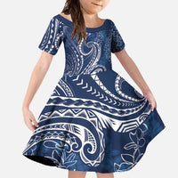 Polynesia Plumeria Lei Family Matching Long Sleeve Bodycon Dress and Hawaiian Shirt Navy Blue Curves Motif