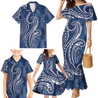 Polynesia Plumeria Lei Family Matching Mermaid Dress and Hawaiian Shirt Navy Blue Curves Motif