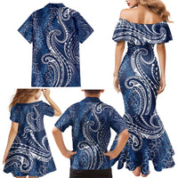 Polynesia Plumeria Lei Family Matching Mermaid Dress and Hawaiian Shirt Navy Blue Curves Motif