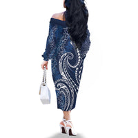 Polynesia Plumeria Lei Family Matching Off The Shoulder Long Sleeve Dress and Hawaiian Shirt Navy Blue Curves Motif