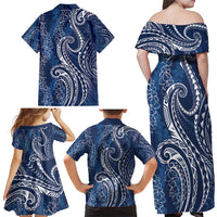 Polynesia Plumeria Lei Family Matching Off Shoulder Maxi Dress and Hawaiian Shirt Navy Blue Curves Motif
