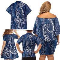 Polynesia Plumeria Lei Family Matching Off Shoulder Short Dress and Hawaiian Shirt Navy Blue Curves Motif