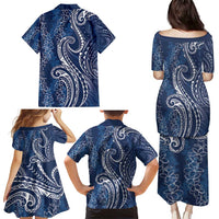 Polynesia Plumeria Lei Family Matching Puletasi and Hawaiian Shirt Navy Blue Curves Motif