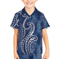 Polynesia Plumeria Lei Family Matching Puletasi and Hawaiian Shirt Navy Blue Curves Motif