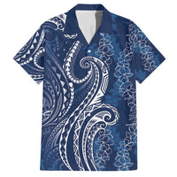 Polynesia Plumeria Lei Family Matching Short Sleeve Bodycon Dress and Hawaiian Shirt Navy Blue Curves Motif