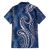 Polynesia Plumeria Lei Family Matching Short Sleeve Bodycon Dress and Hawaiian Shirt Navy Blue Curves Motif