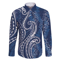 Polynesia Plumeria Lei Family Matching Short Sleeve Bodycon Dress and Hawaiian Shirt Navy Blue Curves Motif