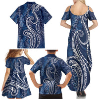 Polynesia Plumeria Lei Family Matching Summer Maxi Dress and Hawaiian Shirt Navy Blue Curves Motif