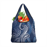 Polynesia Plumeria Lei Grocery Bag Navy Blue Curves Motif