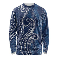 Polynesia Plumeria Lei Long Sleeve Shirt Navy Blue Curves Motif