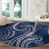 Polynesia Plumeria Lei Round Carpet Navy Blue Curves Motif