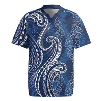 Polynesia Plumeria Lei Rugby Jersey Navy Blue Curves Motif