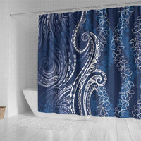 Polynesia Plumeria Lei Shower Curtain Navy Blue Curves Motif