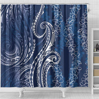 Polynesia Plumeria Lei Shower Curtain Navy Blue Curves Motif