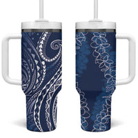 Polynesia Plumeria Lei Tumbler With Handle Navy Blue Curves Motif