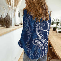 Polynesia Plumeria Lei Women Casual Shirt Navy Blue Curves Motif