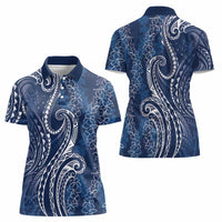 Polynesia Plumeria Lei Women Polo Shirt Navy Blue Curves Motif