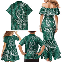Polynesia Plumeria Lei Family Matching Mermaid Dress and Hawaiian Shirt Sage Green Curves Motif