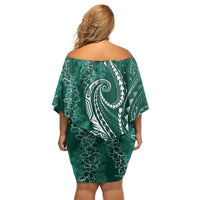Polynesia Plumeria Lei Family Matching Off Shoulder Short Dress and Hawaiian Shirt Sage Green Curves Motif