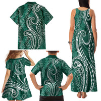 Polynesia Plumeria Lei Family Matching Tank Maxi Dress and Hawaiian Shirt Sage Green Curves Motif