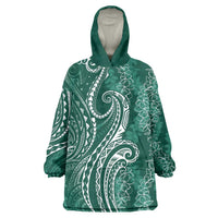 Polynesia Plumeria Lei Wearable Blanket Hoodie Sage Green Curves Motif
