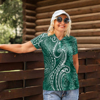 Polynesia Plumeria Lei Women Polo Shirt Sage Green Curves Motif