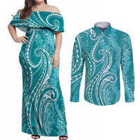 Polynesia Plumeria Lei Couples Matching Off Shoulder Maxi Dress and Long Sleeve Button Shirt Teal Curves Motif LT7 Teal - Polynesian Pride