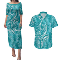 Polynesia Plumeria Lei Couples Matching Puletasi and Hawaiian Shirt Teal Curves Motif
