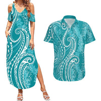 Polynesia Plumeria Lei Couples Matching Summer Maxi Dress and Hawaiian Shirt Teal Curves Motif