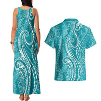Polynesia Plumeria Lei Couples Matching Tank Maxi Dress and Hawaiian Shirt Teal Curves Motif