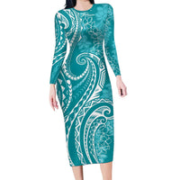 Polynesia Plumeria Lei Family Matching Long Sleeve Bodycon Dress and Hawaiian Shirt Teal Curves Motif