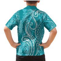 Polynesia Plumeria Lei Family Matching Mermaid Dress and Hawaiian Shirt Teal Curves Motif