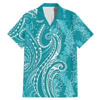 Polynesia Plumeria Lei Family Matching Mermaid Dress and Hawaiian Shirt Teal Curves Motif
