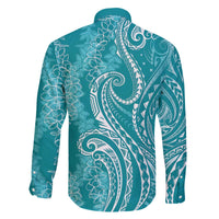 Polynesia Plumeria Lei Family Matching Off The Shoulder Long Sleeve Dress and Hawaiian Shirt Teal Curves Motif